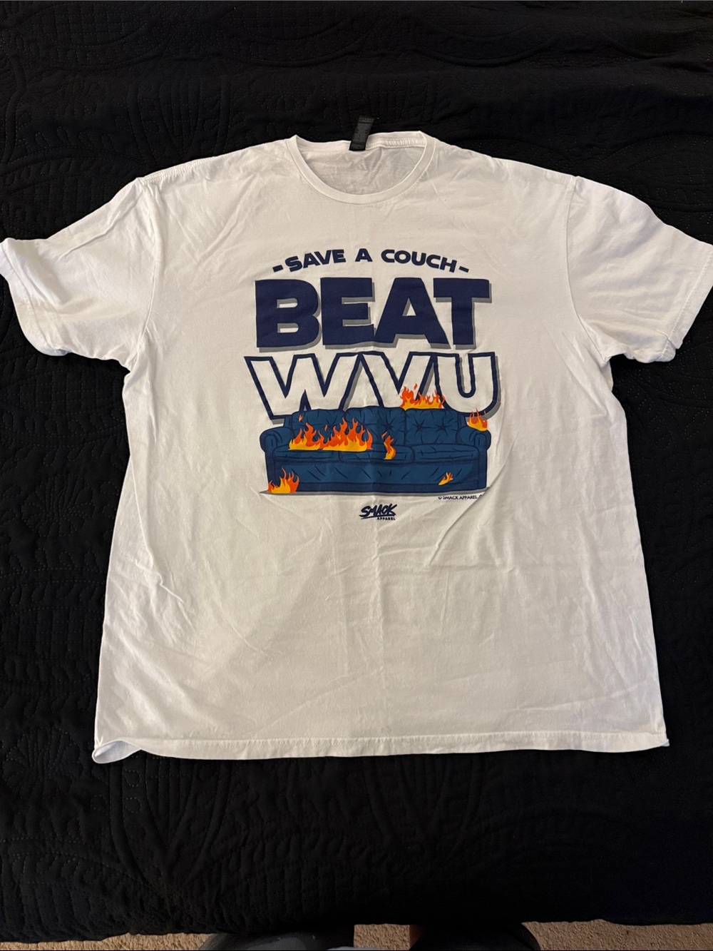 Gildan White Tee with Blue Couch & Orange Flame Graphic